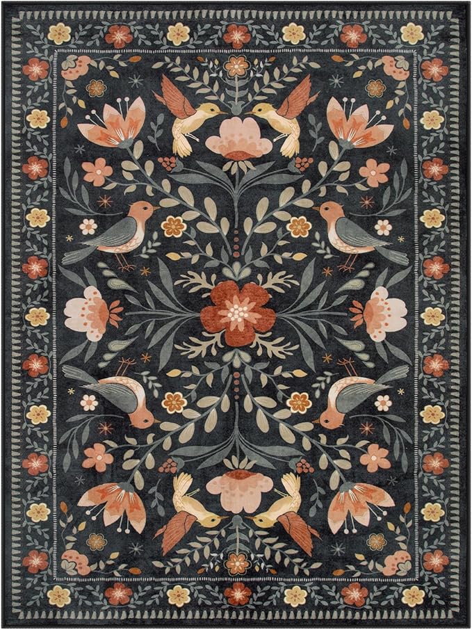 Moynesa Boho Bird Area Rug 9x12 for Living Room, Washable Rugs 9x12 Black Floral Bedroom Rug Low-Pile Soft Playroom Carpet, Jungle Pattern Vintage Rug Indoor Floor Carpet for Nursery