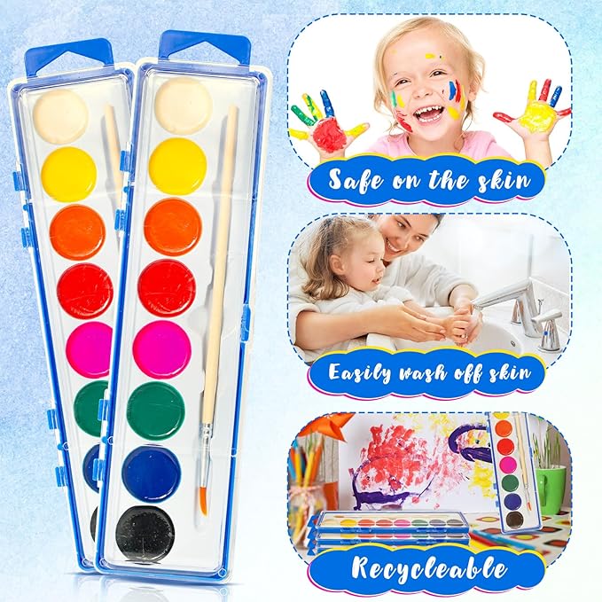 48 Pack Watercolor Paint Set for Kids - 8 Washable,Bright Colors with Paintbrush Watercolor Paint Bulk for Kids Party Favors,Classrooms Supplies,Art Lessons