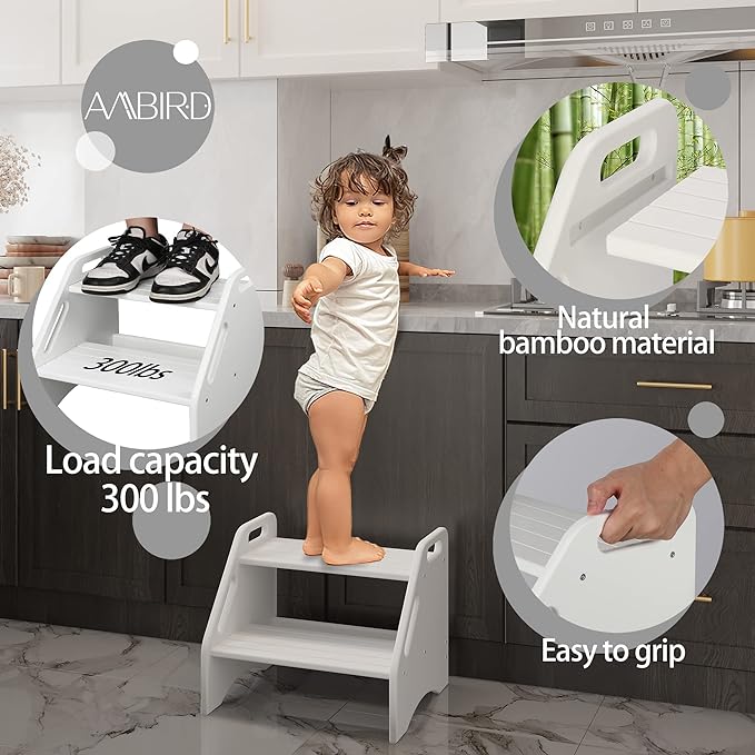 AMBIRD Wooden Two Step Stools Toddler with Safety Non-Slip Pads and Handles, Bamboo Step Stool for Bathroom, Bedroom, Kitchen Dual Height Step Stools for Kids (White)
