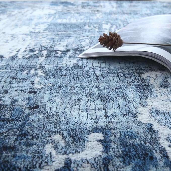 Area Rug 5x7 Washable Rug Boho Soft Abstract Pattern Non-Slip Non-Shedding Faux Wool Vintage for Living Room, Bedroom, Farmhouse, Dining Room, Indoor, Kids Playroom, Blue