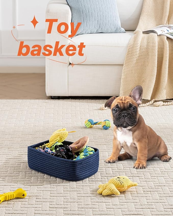 KALLAX Small Woven Basket, 12 x 8 x 4.5 Inches, Storage Basket for Organizing, Cute Small Rope Shelf Closet Cube Storage Bins Baskets for Shelves, Dog Toy Gift Baskets Empty, 3 Packs, Navy Blue