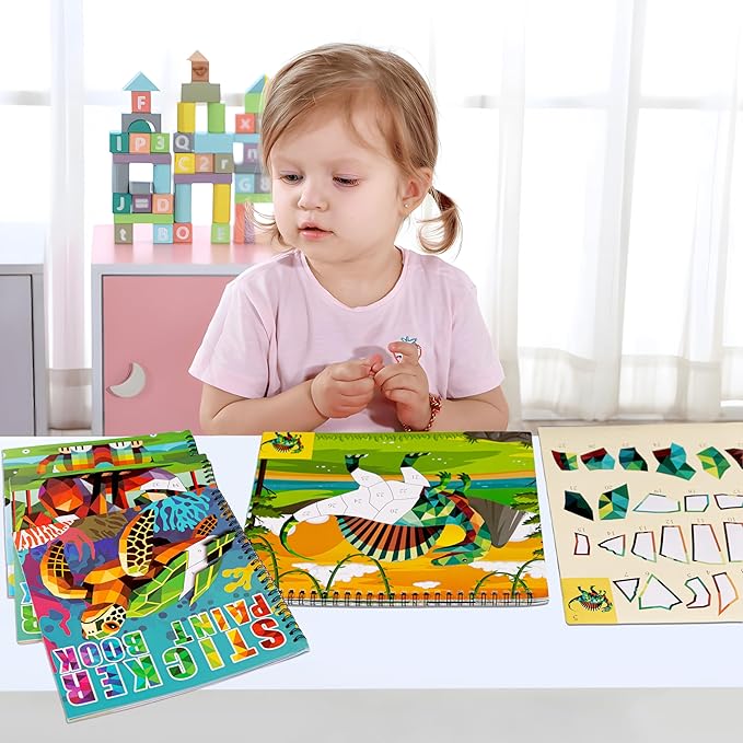 90shine 4PCS Crafts for Kids Ages 4-8 Sticker Paint Books Includes Dinosaur Marine Land Animals Multicolored Design Gifts Create 40 Pictures