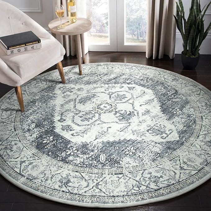 Lahome Boho Round Rugs - 6ft Washable Round Area Rugs for Living Room Grey Non-Slip Throw Dining Room Rug Large Circle Bedroom Rug, Oriental Distressed Print Indoor Rug Round for Entryway Office