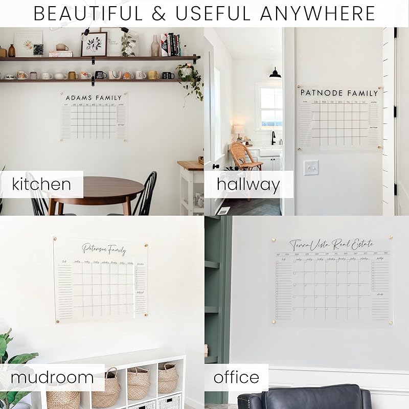Personalized Clear Acrylic Calendar for Wall, Calendar Whiteboard for Wall, Dry Erase Wall Calendar, Wall Calendar Organizer System for Home (Cursive, Grey, 31"W x 23"H)