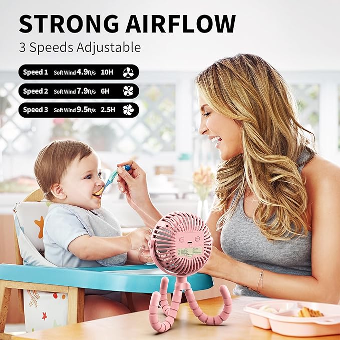 AMACOOL Battery Operated Stroller Fan Flexible Tripod Clip On Fan with 3 Speeds and Rotatable Handheld Personal Fans for Car Seat Crib Bike Treadmill (Pink)
