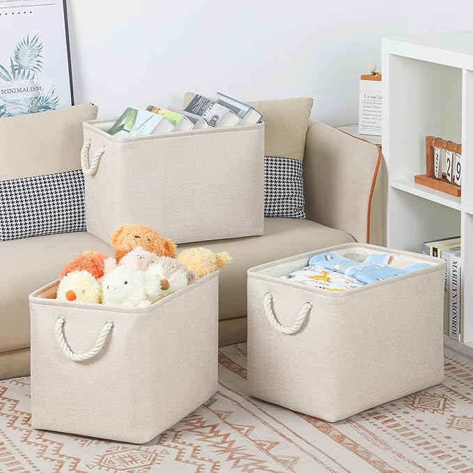Bidtakay Large Storage Baskets for Shelves 3 Pack Fabric Storage Bins for Organizing Linen Collapsible Organizer for Closet-Light Biege