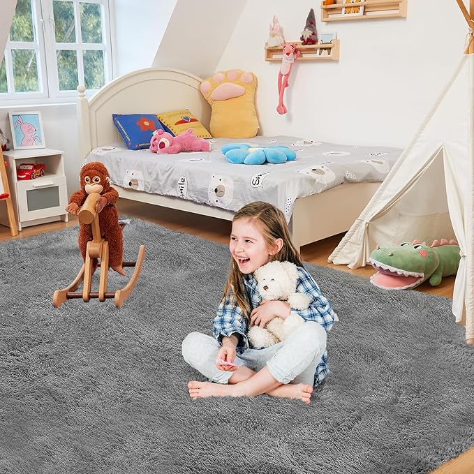 5X8 Ultra Soft Rug for Living Room, 5X8 Fluffy Shag Area Rug for Bedroom, Modern Shaggy Carpets Fuzzy Rug for Teens Dorm Nursery Home Decor Aesthetic, Upgrade Anti-Skid Durable, Grey