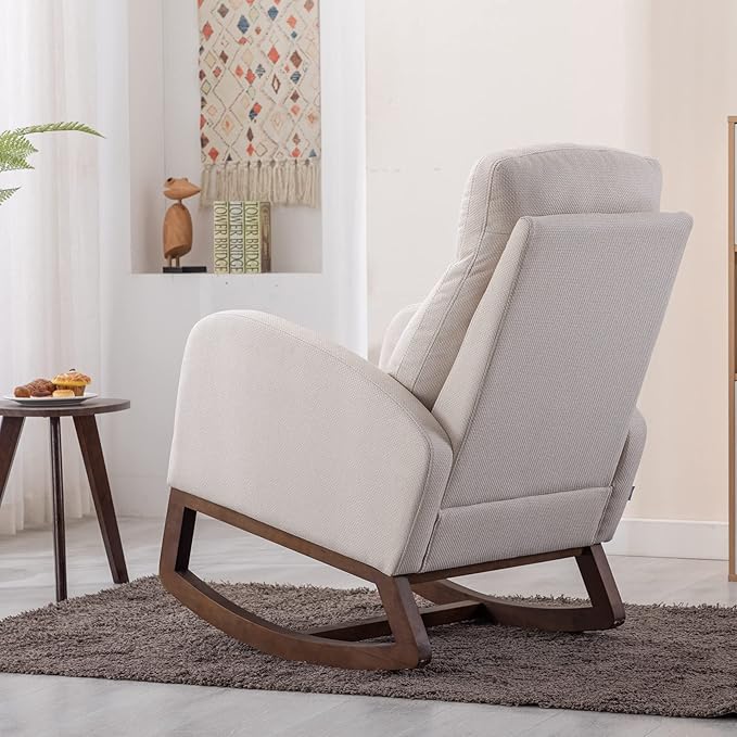 Dolonm Nursery Rocking Chair for Living Room, Upholstered Mid-Century Modern Nursery Rocking Armchair Tall Back Accent Glider Rocker, Beige