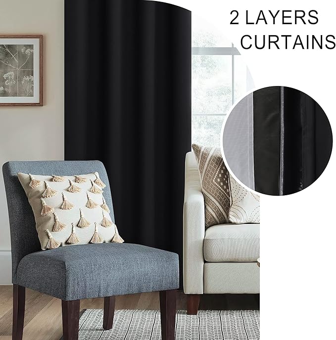 XWZO Black Blackout Curtains 2 Panels with Tiebacks- Rod Pocket Heat and Full Light Blocking Window Panels for Bedroom/Basement, 54 Inches Long Thermal Insulated Draperies, W42 x L54, Set of 2