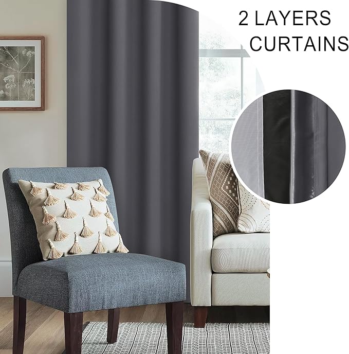 XWZO 100% Blackout Curtains 45 Inches Long with Tiebacks- Rod Pocket Privacy Protection & Noise Blocking Window Draperies with Black Liner for Bedroom/Living Room, Dark Grey, W42 x L45, Set of 2