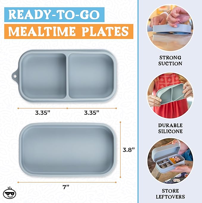 Travel Silicone Portable Feeding Supplies - Toddler Suction Plates, Silicone Baby Spoon & Fork, Lightweight Foldable Bib & Waterproof Storage Bag - 6 Piece Set