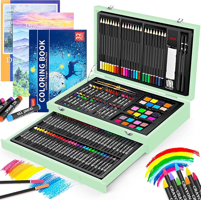 iBayam Art Supplies, 150-Pack Deluxe Wooden Art Set Crafts Drawing Painting Kit with 1 Coloring Book, 2 Sketch Pads, Creative Gift Box for Adults Artist Beginners Kids Girls Boys