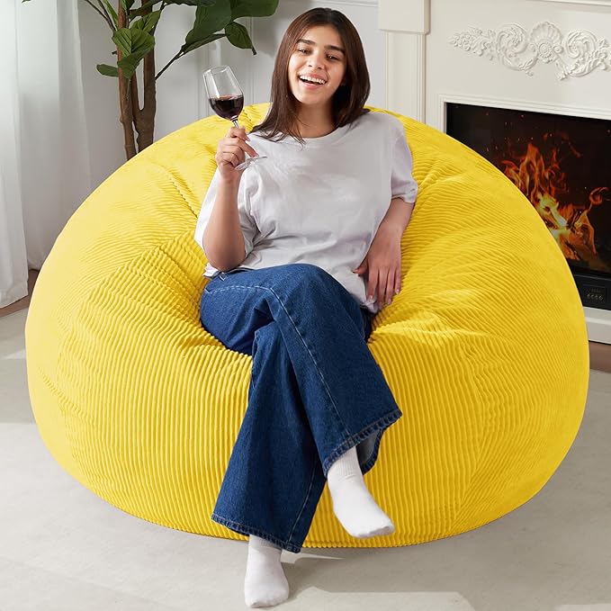 Homguava 3.5FT Bean Bag Chair: Teardrop Bean Bags with Memory Foam Filled, Compact Beanbag Chairs Soft Sofa with Corduroy Cover (Yellow)