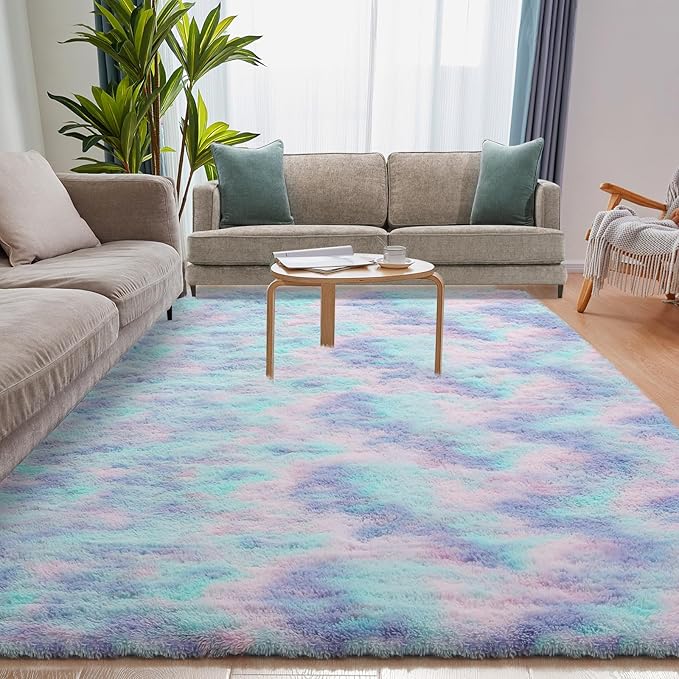 Rainbow Rug for Girls Room, 8x10 Fluffy Area Rugs for Bedroom, Colorful Kids Rug Cute Anti-Skid Indoor Carpet for Nursery, Living Room, Playroom, Home Decor