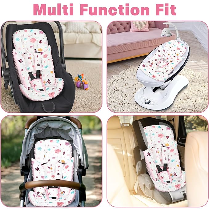Infant Car Seat Insert with 3 Strap Covers, 3 in 1 Reversible Floral Baby Car Seat Head Support for Newborn, Baby Girl Newborn Essentials for Preemie to Infant, Stroller, Swing, Bouncer (Pink)
