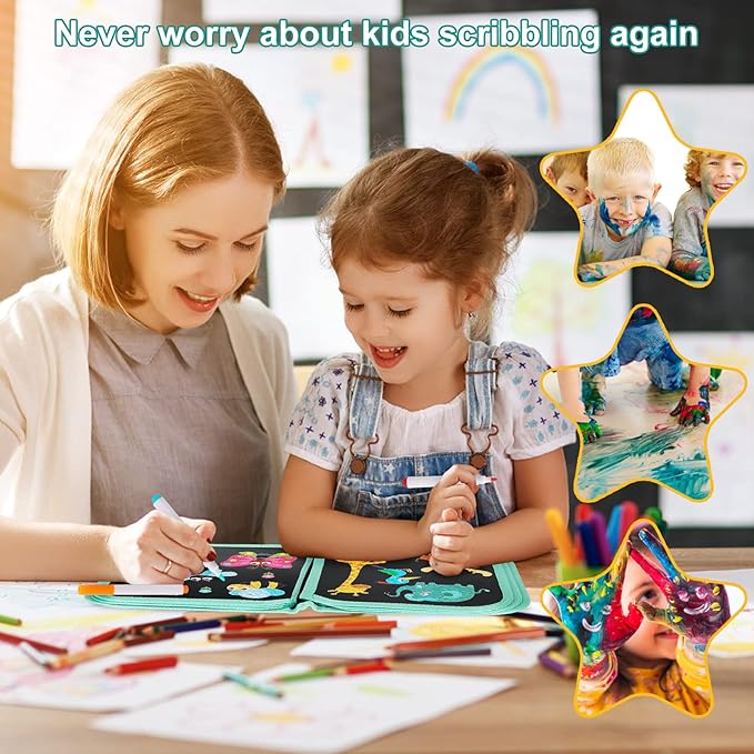 Erasable Doodle Set for Kids - Magic Drawing Book With 12 Watercolor Pens, 14 Page Reusable Book, Road Trip Car Game Writing Painting Set for Boys and Girls (Orange Cats)
