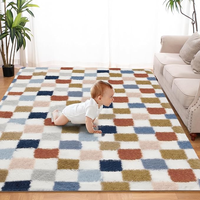 Super Soft Rug for Bedroom, 3x5 Ft Rainbow Area Rug Classic Checkered Shaggy Rug Anti-Skid High Pile Soft Fluffy Fuzzy Carpet for Living Room Bedroom Kids Room Nursery, Dorm Home Decor