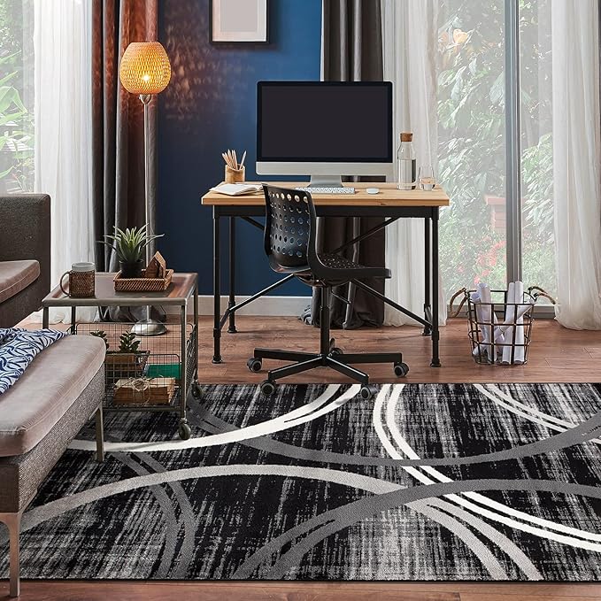 Rugshop Modern Wavy Circles Design Area Rug 6'6" x 9' Black
