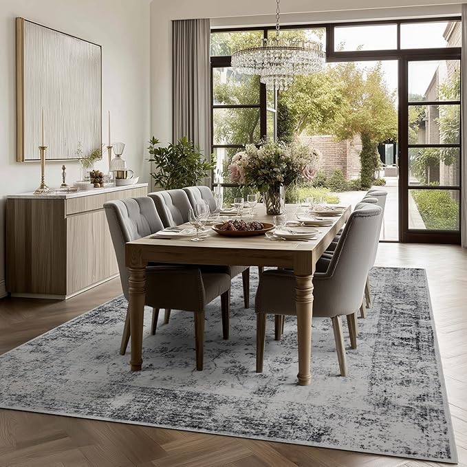Washable Area Rugs 8x10, Large Rugs for Living Room, Carpet for Bedroom, Soft Faux Wool Retro Dining Room Rug, Non-Slip Backing Resistant Low Pile Vintage Print Rug for Home Office (White/Grey)
