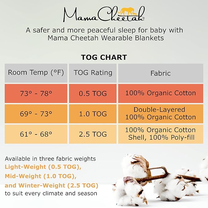 Mama Cheetah Baby Sleep Sack 2.5 TOG, Winter Baby Sleeping Bag with 2-Way Zipper, Organic Cotton Swaddle Transition Wearable Blanket for Boy Girl Infant Toddler, 6-12 Months, 1-Pack