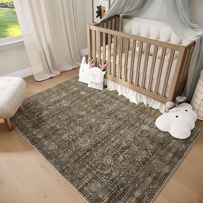 Washable 3x5 Entryway Rug Indoor, Boho Non-Slip Silicone Backing Small Rugs for Kitchen Nursery Office Bedroom, 0.3" Neutral Oriental Throw Carpet with 0.16" Cushioning Pad, Deep Brown/Multi