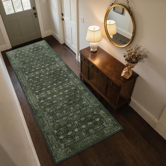 2'6x8' Washable Runner Rug for Hallway, Non Slip Vintage Floral Long Carpet Runners for Entryway, Kitchen, Bathroom, Bedroom, Low Pile Laundry Rugs Rubber Backing (Distressed Green)