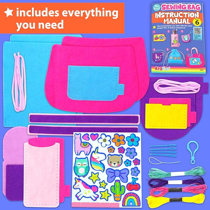 KRAFUN My First Sewing Bag Kit Arts & Crafts for Beginner Kids, 6 Easy DIY Sewing Handbag Pouch Sleeve Projects of Animal Theme, Instructions Learn to Sew & Felt Embroidery, Gift for Girls & Boys