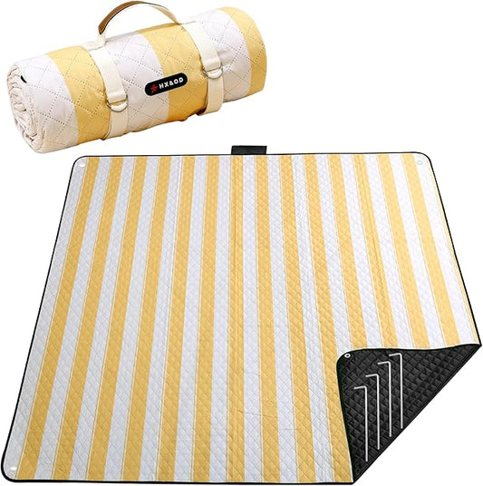 HX&OD Outdoor Picnic Blanket Extra Large, 80''*80'' Waterproof Picnic Mat with Stakes Foldable Camping Blanket Portable with Carry Strap for Beach Mat (Yellow& White, 80''*80'')