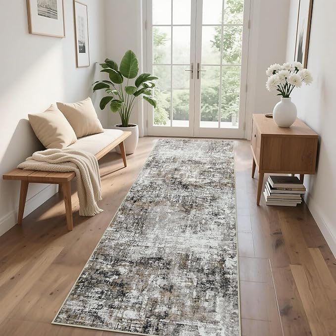 Runner Rug for Hallways Kitchen 2'6"x8' Washable, Non Slip Carpet 8ft Area Rugs Entryway Rubber Backed 8 Feet Neutral Abstract Modern Low Pile Indoor Black Gold