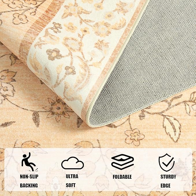LOCHAS Washable Area Rugs 5x7, Peach Floral Rug for Living Room Bedroom Non Slip, Ultra Soft Vintage Indoor Carpet for Kids, Nursery, Dorm, Dining Room, Classroom, Boho Flower Home Decor, Low-Pile