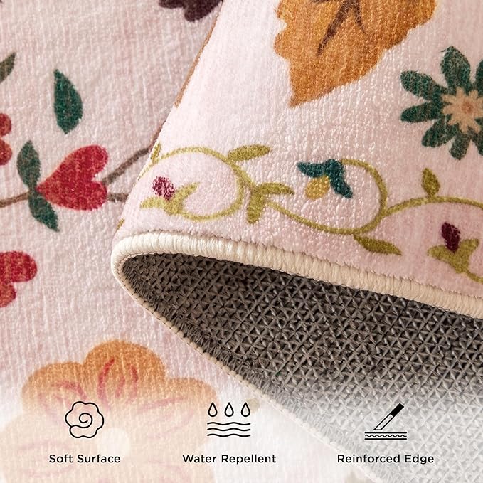 2x3 Washable Rug for Entryway, Floral Soft Small Area Rug, Non Slip Doormat Indoor Entrance Carpet, Flower Low Pile Front Door Throw Rug for Bedroom, Kitchen, Laundry, Bathroom, Pink/Beige