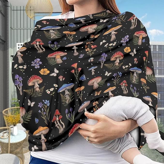 Binienty Mushrooms Car Seat Cover Canopies,Cottagecore Mushroom Nursing Cover for Mom Stretchy Infants Stroller Cover/High Chair/Breastfeeding Cover