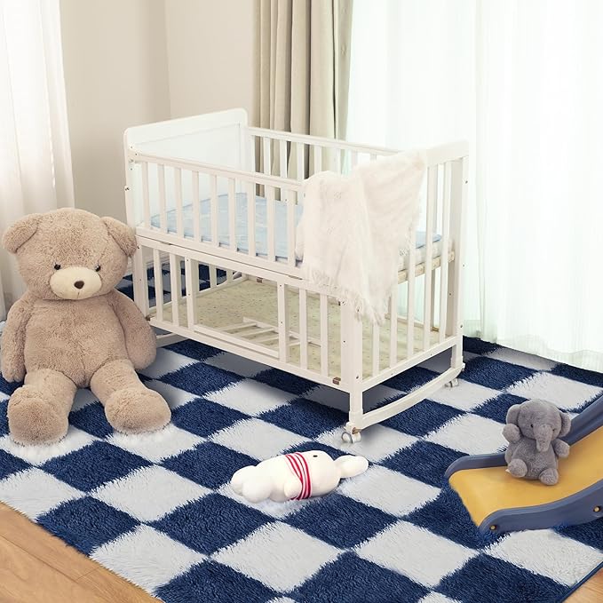 Super Soft Rug for Bedroom, 4x6 ft Blue and White Area Rug Classic Checkered Shaggy Anti-Skid High Pile Soft Fluffy Rug Fuzzy Carpet for Living Room Bedroom Kids Room Nursery, Dorm