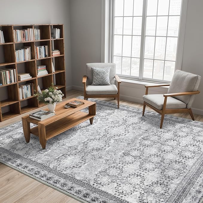 4x6 Area Rug for Bedroom Machine Washable, Non Slip Vintage Floral Kitchen Rugs for Dining Room,Rustic Indoor Floor Carpet for Kids Room, Playroom, Office Classroom Faded Grey