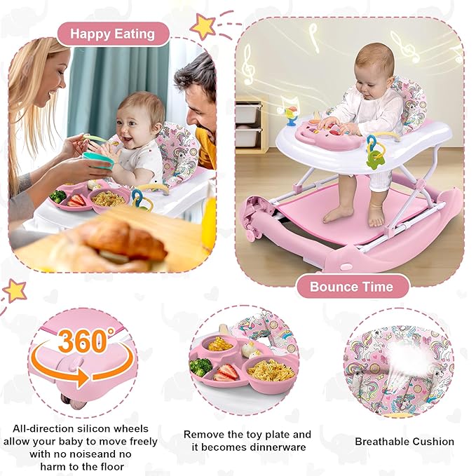 Foldable Baby 5-in-1 Activity Walker - Rocker, Activity Center, Bouncer, Seat Walker, Push Walker - Adjustable Speed Rear Wheels and Height Toys Ages 6-18 Months… (Pink)