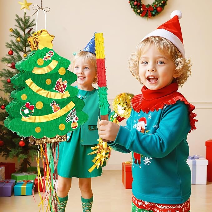 Wernsai Christmas Piata Large Pull String with Blindfold Bat - Cute Tree Design for Christmas Party Games - Green, 16.5' x 12.4'