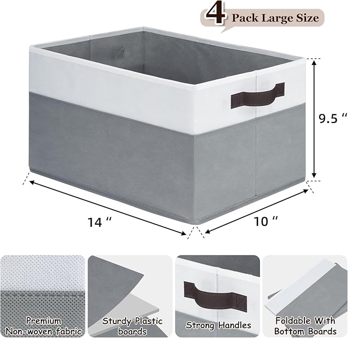 Criusia 4 Pack Large Storage Baskets for Shelves | Fabric Closet Organizers and Storage Bins with Handles Home Organization | Decorative Collapsible Baskets for Organizing Clothes Toy Nursery 14"x10"