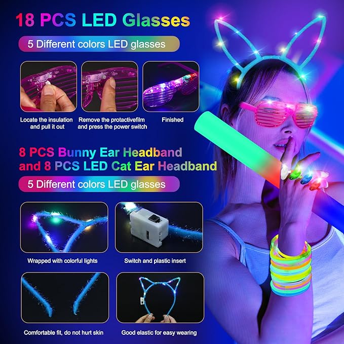 282 PCS Glow in the Dark Party Supplies, 18 Foam Sticks, 18 LED Glasses, 200 Glow Sticks, 30 Finger Lights, 8 Bunny Ear Headband and 8 LED Cat Ear Headband for Wedding,Birthday,Concert,New Year
