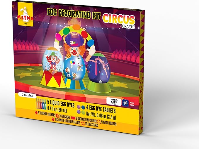 METMA 1999 Egg Decorating Kit Circus Crafts - Complete Decorative Eggs Set with Liquid Dyes, Tablets, Stickers, Egg Spinner and More - Fun Easter Egg Dye Kit Arts and Crafts for Kids (Circus Crafts)