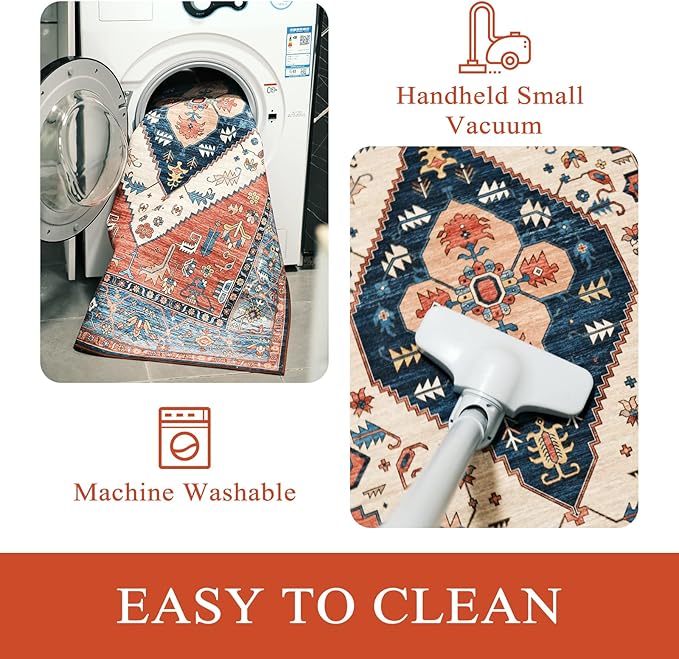 Lahome Boho Washable 5Ft Round Area Rug, Non-Slip Throw Untra-Thin Round Carpet, Oriental Vintage Distressed Circle Rug for Dining Living Room Bedroom Kitchen Office, 5x5/Rust