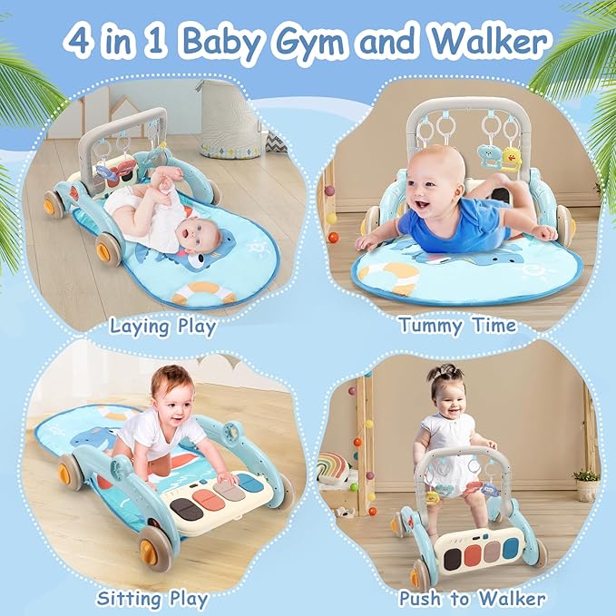 2 in 1 Baby Play Gym with Walker for Newborn, Baby Play Mat Activity Gym with 4 Infant Learning Sensory Tummy Time Mat for Infant Christmas Gifts Adjustable Height (Blue)