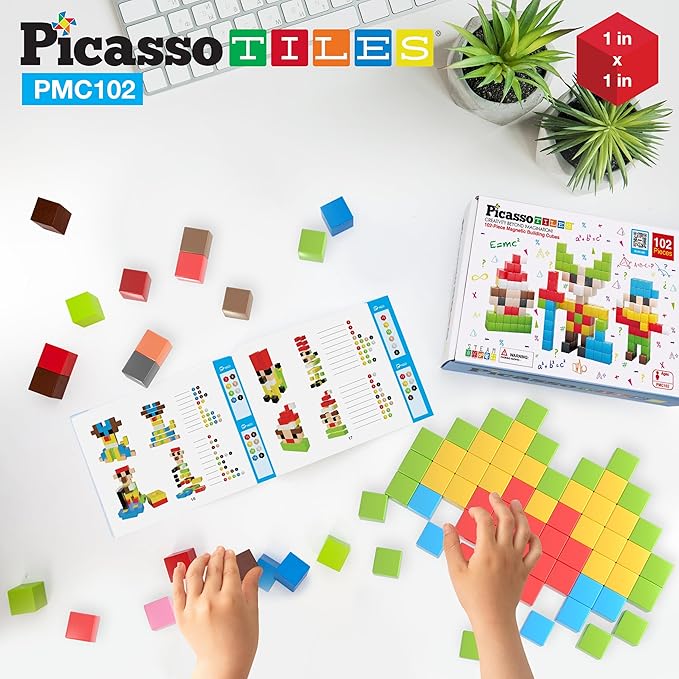 PicassoTiles 102pcs Pixel Magnetic Puzzle Cube 1” Pixel Mix & Match Toys with Ideabook STEM Education Learning Building Block Magnets Construction ToySet Stacking Creative Kit for Kids Age 3+ PMC102