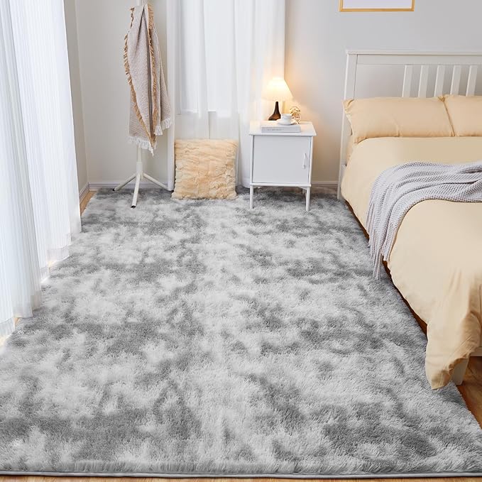 9x12 Area Rugs for Living Room, Ultra Soft Fluffy Rugs for Bedroom, Anti-Skid High Pile Indoor Carpet for Nursery, Study Room, Playroom, Home Decoration, Tie-Dyed Light Grey