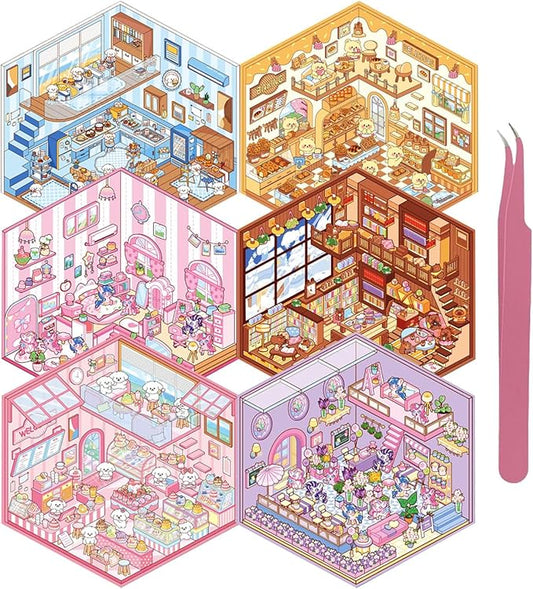 DIY 3D Sticker Scene 6 Sets of Stickers for Girls Make Your Own Mini Room Scene Stickers for Kids Cute Kawaii Sticker Therapy for Adult Relief Stress Pass The Time