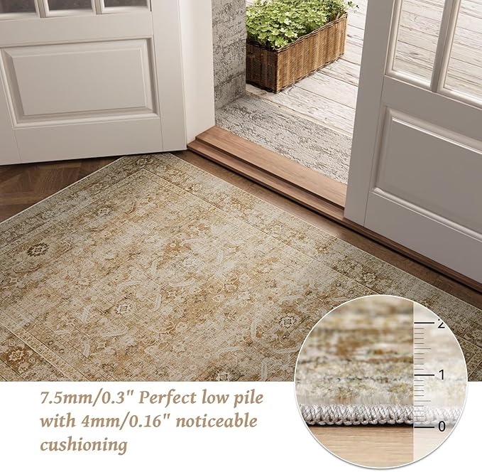 Washable 5x7 Area Rugs for Living Room, Boho Non-Slip Silicone Backing Rugs for Bedroom Dining Room Nursery Office, 0.3" Neutral Oriental Throw Carpet with 0.16" Cushioning Pad, Brown/Multi