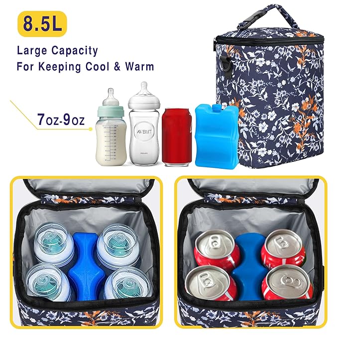 Breastmilk Cooler Bag with Ice Pack Fits 4 Baby Bottles Up To 9 Ounce Insulated Coolers Bag Breast Milk Cooler on the Go with Strap Baby Bottle Cooler Bag for Nursing Mom Daycare or Travel