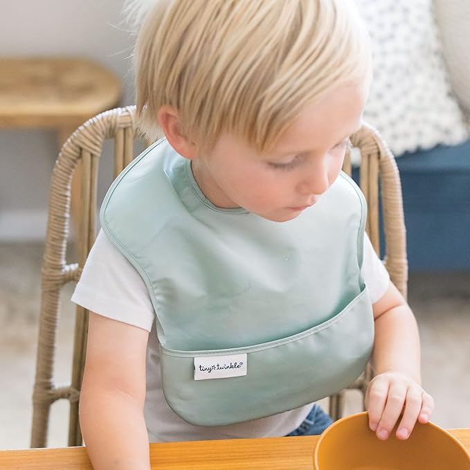 Tiny Twinkle Mess Proof Baby Bibs for Eating - Waterproof, Wipeable Bibs - Toddler Bibs - Travel Friendly - PFAS, PVC, BPA, Phthalate Free - Baby Food Bibs (3 Pack,Sage, Charcoal)