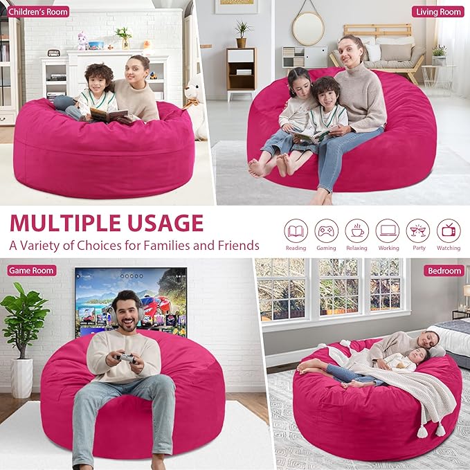 3FT Bean Bag Chair, Comfy Bean Bag Chairs with Memory Foam Filled, Fluffy Beanbag Sofa with Dutch Velvet Cover, Round BeanBag Chairs for Living Room, Playroom - Pink