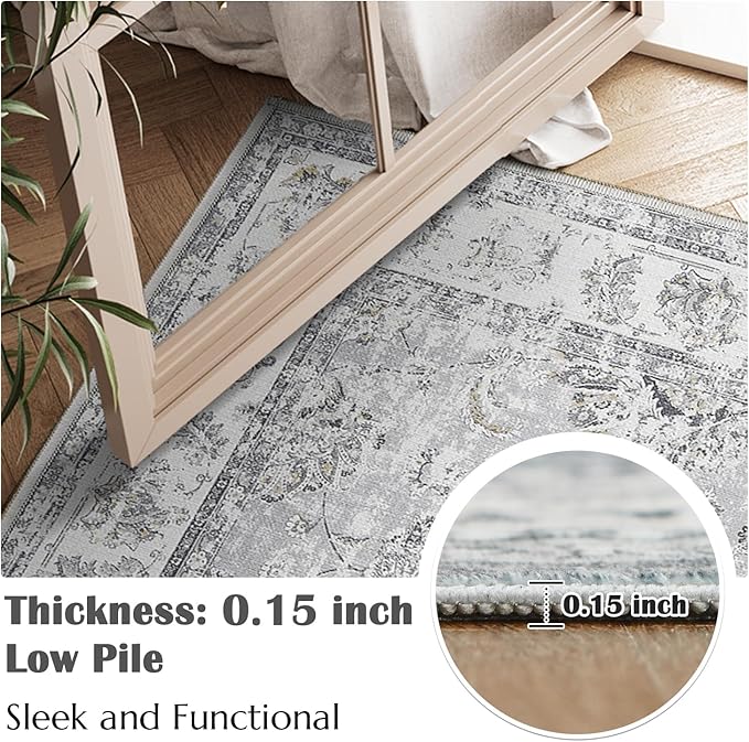 jinchan 9x12 Area Rugs for Living Room - Machine Washable Vintage Floral Distressed Design Stain Resistant Carpet Low Pile Non-Slip Large Rug for Bedroom Dining Room Home Office (9‘x12',Grey)