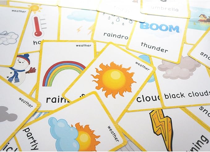 22 Weather Flash Cards(pre k flashcards) - Classroom Decorations and Early Learning Kindergarten Teacher Tools - Flash Cards Hole Punched - with 1 Ring -So You Can Sort and Organize The Cards Easily